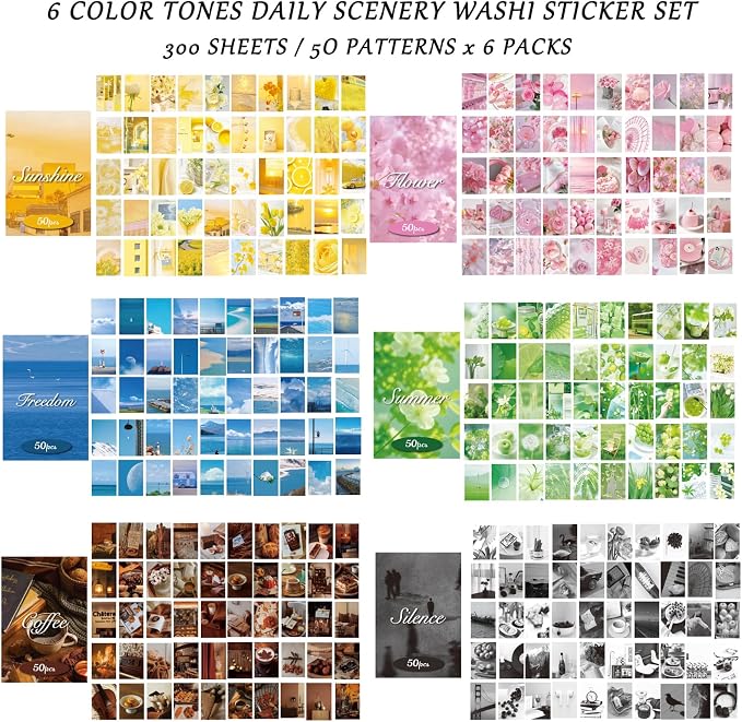 Bomichi Washi Stickers, 6 Sets 300 Pcs Aesthetic Sticker Book for DIY Journaling, Journaling Supplies for Bullet Journal Art Diary Card Craft Gifts Planner Notebook