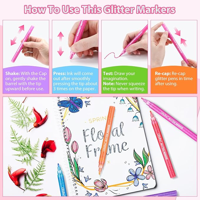 Ohuhu Glitter Marker Pens 12 Colors Fine Tip for Painting Coloring Crafts