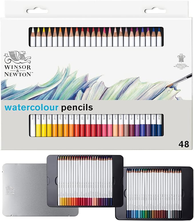 Winsor & Newton Studio Collection, Watercolour Pencil Tin, 48 piece | Highly pigmented, Wax-Based, Can be Used Wet/Dry, Add Water & Brush to Create Painterly Effects, Break-Resistant Points.
