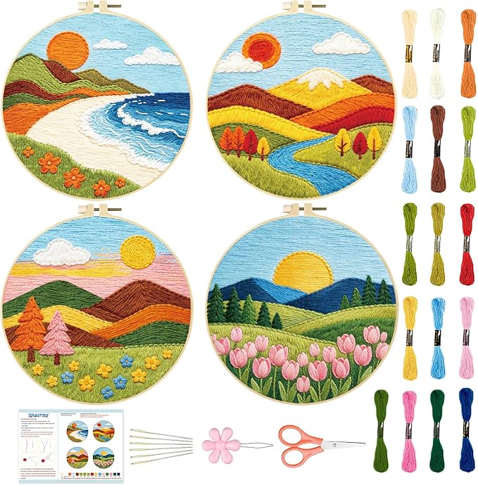 BEUNITONE 4 Set Embroidery Kit for Adults Beginner with Hoops & Instruction | Easy to Learn Landscape Stamped Embroidery Patterns, Includes Multiple Accessories, Gift for Craft Lovers Relaxation