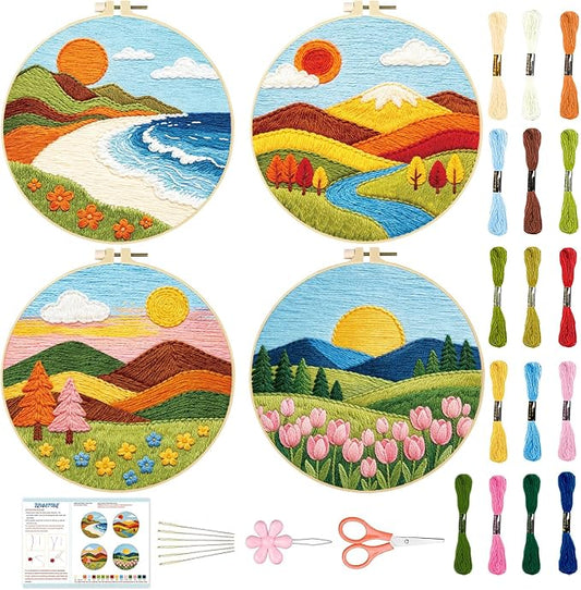 BEUNITONE 4 Set Embroidery Kit for Adults Beginner with Hoops & Instruction | Easy to Learn Landscape Stamped Embroidery Patterns, Includes Multiple Accessories, Gift for Craft Lovers Relaxation
