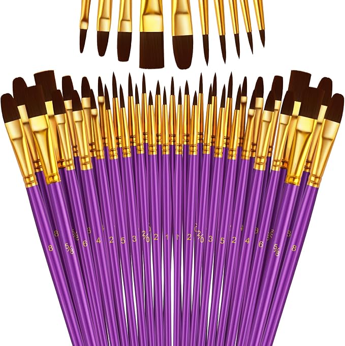 Paint Brushes Set, 5 Pack 50 Pcs Round-Pointed Tip Paintbrushes Nylon Hair Artist Acrylic Paint Brushes for Acrylic Oil Watercolor, Face Nail Art, Miniature Detailing & Rock Painting, Purple