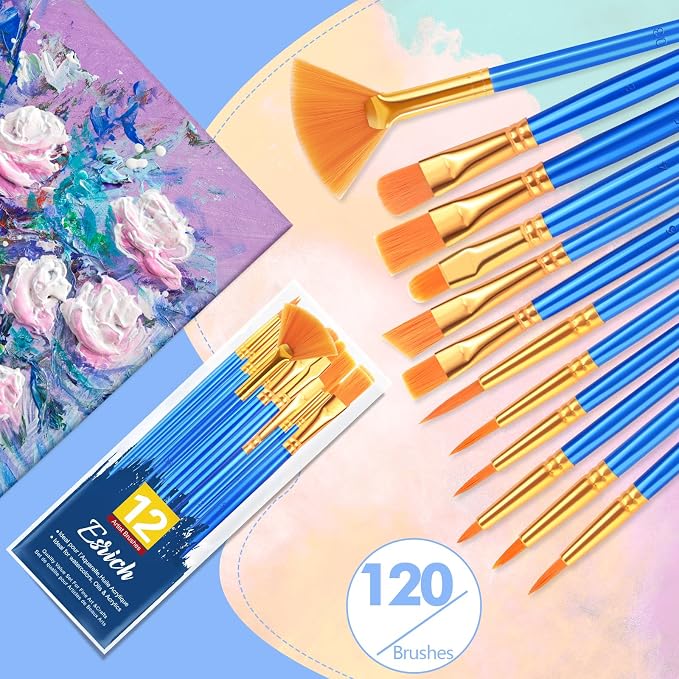 ESRICH Paint Brushes Set, 10Pack 120pcs Nylon Hair Round-Pointed Tip | Acrylic Paint Brushes for Watercolor Oil Rock Face Painting, Paint Brush for Arts Painting Brush Kits.