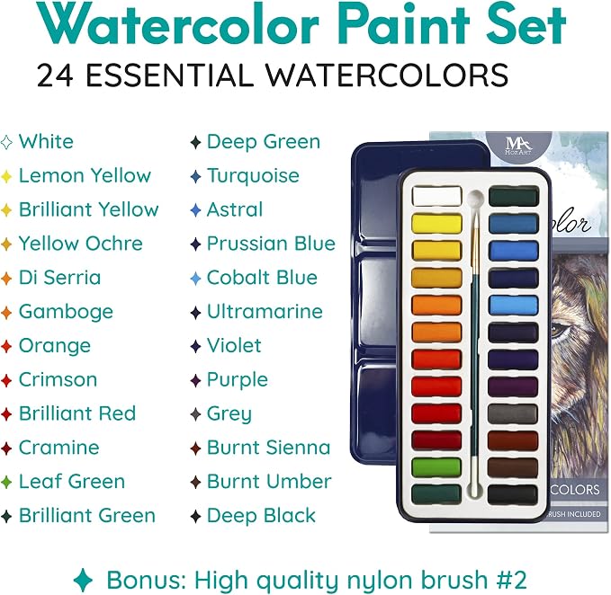 MozArt Supplies Watercolor Paint Essentials Set - Lightweight and Portable Metal Box - Lid Has 3 Partitions for Color Mixing - Easy-to-Blend Non-Toxic Formulation - 24 Vibrant Colors with Paintbrush | Non-Toxic Blendable Watercolor Kit – 3-Partition Mi...