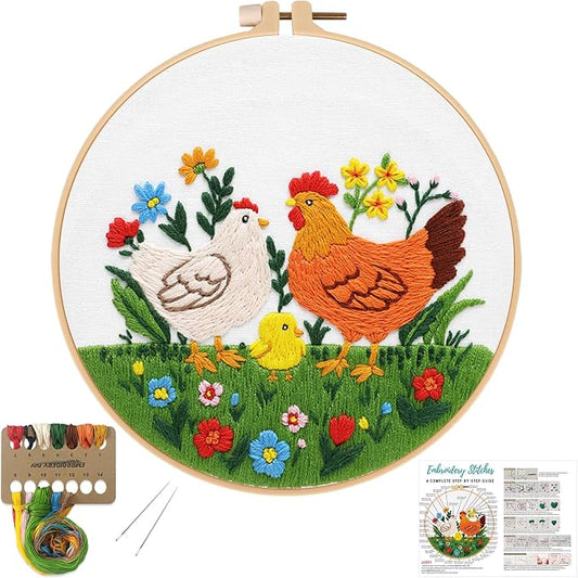 Louise Maelys Chicken Embroidery Kit for Beginners Farmhouse DIY | Cross Stitch Kits Include Pre-Printed Fabric, Embroidery Hoop, Threads, Needles and Guide. Needlepoint Kit for Beginners