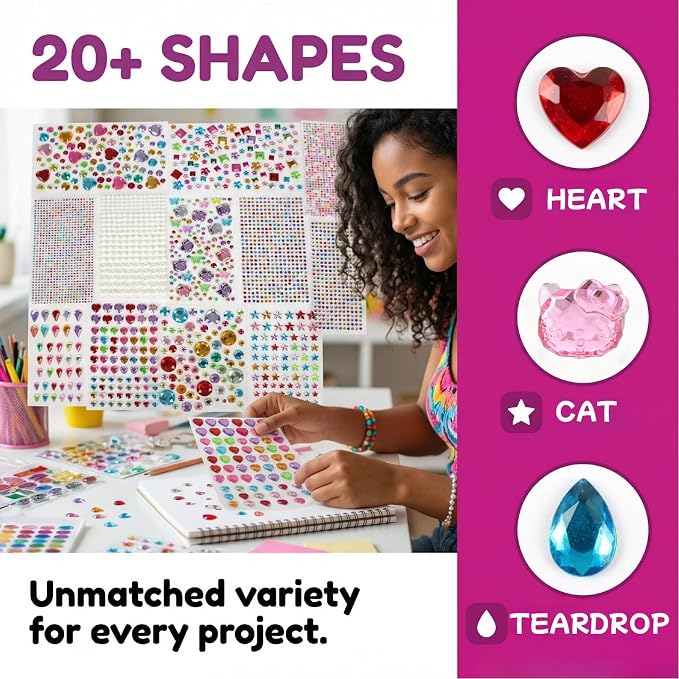 3521 Pieces Self Adhesive Jewels for Crafts, Gems Stickers for Kids, Flat Back Plastic Fake Jewels for Scrapbook Supplies and face gems