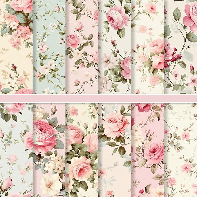 JarThenaAMCS 24 Sheet Blush Pink Rose Pattern Paper Vintage Floral Double Sided Scrapbook Specialty Paper for Spring Summer DIY Crafts Card Making Photo Album Journal Decor, 6 x 6 Inch