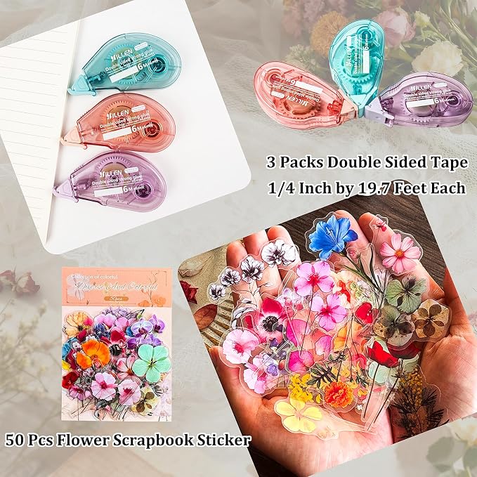 Flartmo Scrapbook Supplies Kit with 246 Sheets Textured & Floral Scrapbook Paper, 50 Pcs Flower Scrapbook Sticker & 3 Rolls Double-Sided Tape for Scrapbooking, Junk Journal, Card Making, Embellishment