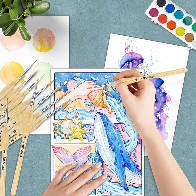 12Pcs Detail Paint Brushes Set for Miniature Fine Art Painting | Triangular handles for acrylic, oil & watercolor. Ideal for crafts, models, figurines, face paint & paint-by-number, Wood