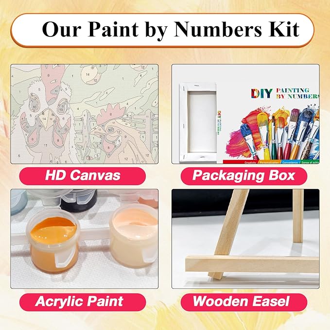 SparkGlow Chickens Paint by Number Kits for Adults with Frame, 8×12 Inch | Animal Painting by Number, Include Easel, HD Canvas, Relax and Enjoyable, Number Painting for Gift, Home Decoration