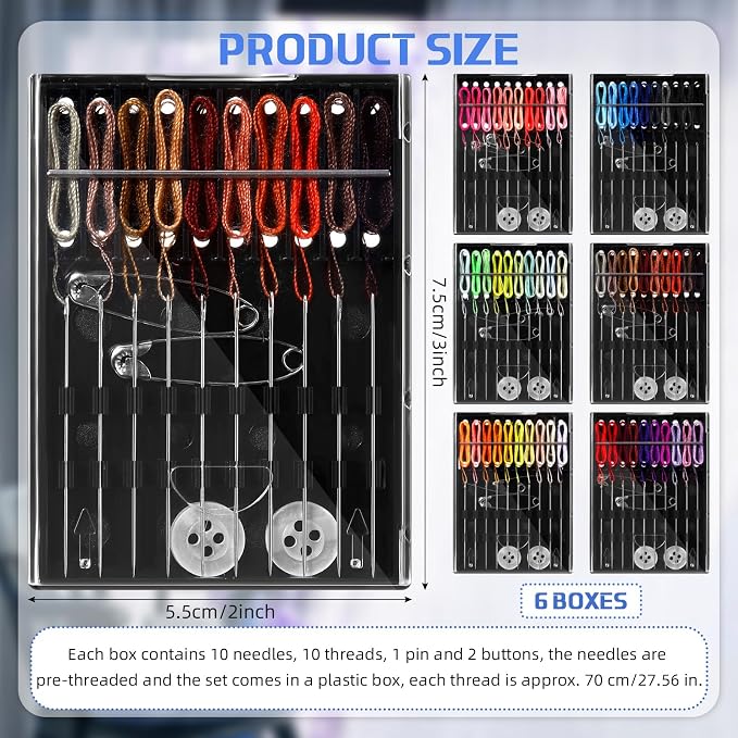 6 Boxes (60 Pcs) Pre Threaded Needle Kit Assorted Color (Mixed Color)