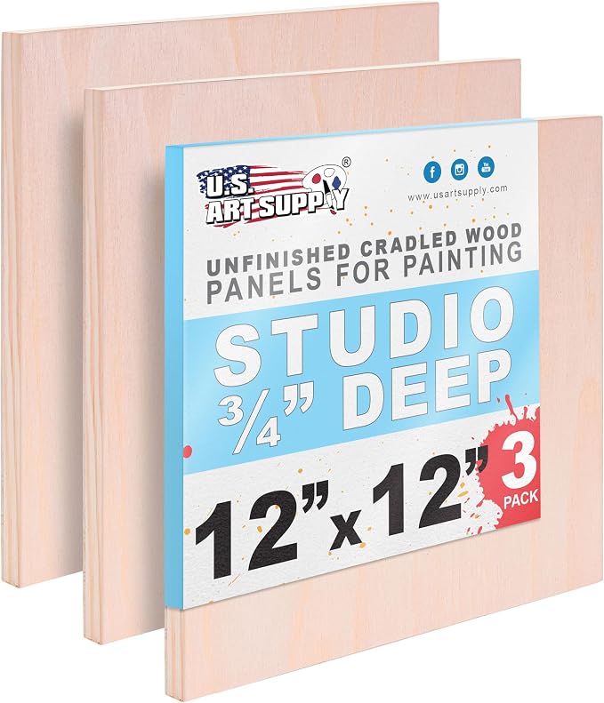 U.S. Art Supply 12" x 12" Unfinished Cradled Wood Panels for Painting