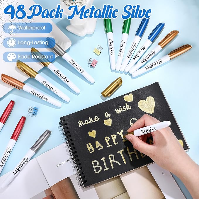 Motiskyy 48 Pack Metallic Markers, Permanent Paint Pens, Colorful