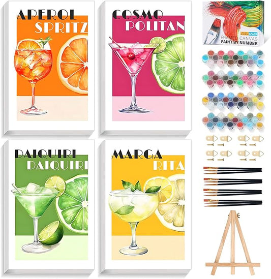 Okarina 4 Pack Paint by Numbers Kit for Adults with Frame, Retro Cocktail | DIY Acrylic Painting Kit with Wooden Easel, Framed Paint by Number for Beginners, Home Wall Decor & Gift, 8 x 12 Inch
