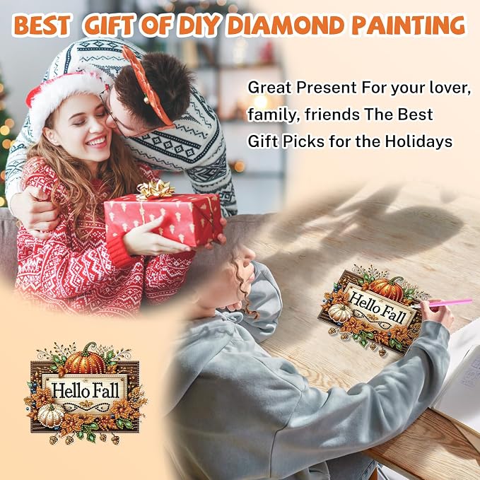 Bowetile Hello Fall Wreath Diamond Art Hanging Kits for Adults, Thanksgiving Diamond Art Suncatchers Autumn, 5D Halloween Diamond Painting Pendant Window Ornament Gifts for Home Door Decor
