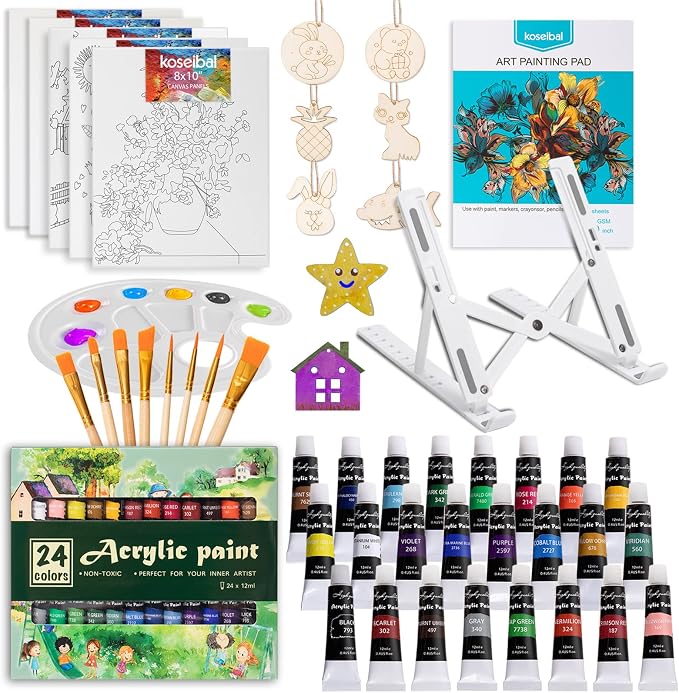 koseibal Kids Acrylic Paint Set with Canvas, Easel, More Art Supplies
