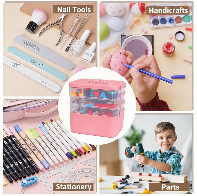 Gifhomfix 4-Layer Plastic Craft Organizers and Storage Box with Removable Trays, Storage Containers with lids and Handle, Art Supply Storage Organizer for Organizing Bead, Sewing, Tool（Pink）