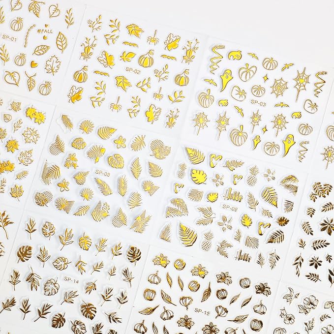 30 Sheets Fall Nail Art Stickers Gold Maple Leaf Nail Decals 3D Self-Adhesive Nails Supplies for Women Manicure Decorations