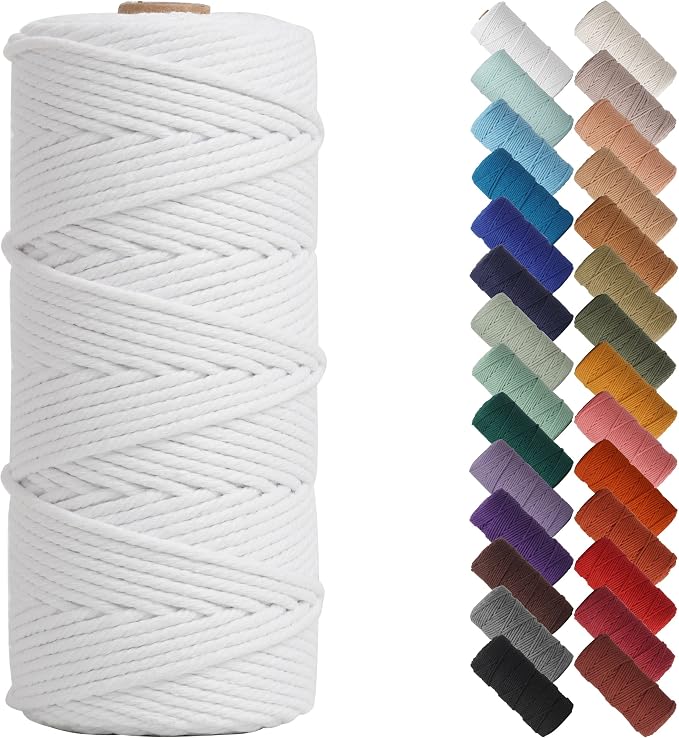 NOANTA White Macrame Cord 3mm x 109yards, Colored Cotton Rope Macrame Yarn | Macrame Rope Supplies, 3 Strand Twisted Cotton Yarn String, Cotton Cord for Wall Hanging, Plant Hangers, Crafts, Knitting