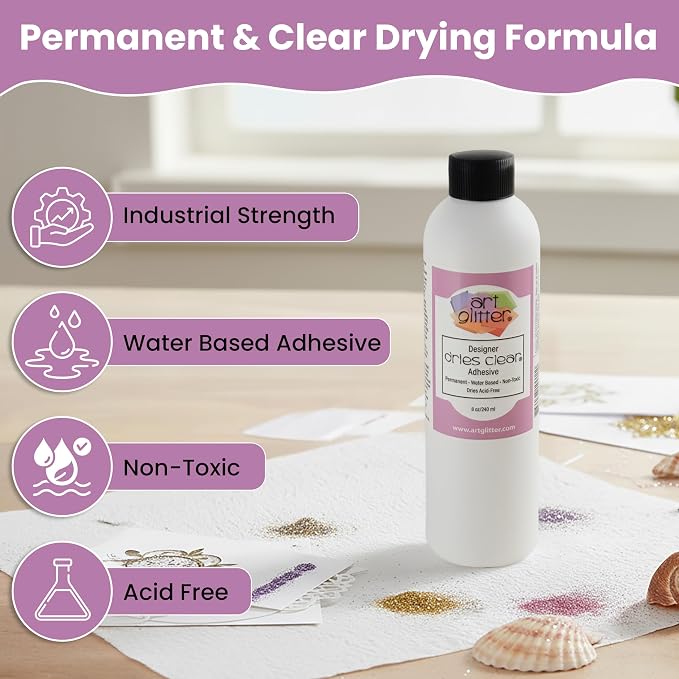 Art Institute Glitter Designer Dries Clear Craft Glue, 8oz Refill Bottle | Smooth bubble free application, Water based adhesive, Fills smaller sizes, Strong flexible bond, Invisible finish