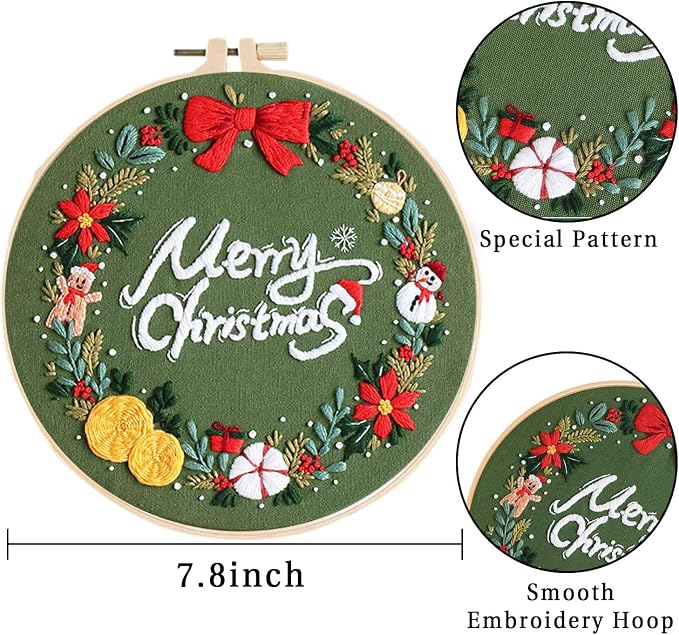LB Christmas Embroidery Kit for Beginners Adults, 3 Sets Hand Embroidery Starter Kit with Wreath Pattern and Instructions Stamped Cross Stitch Kits Include Embroidery Hoop Needles Threads Scissors