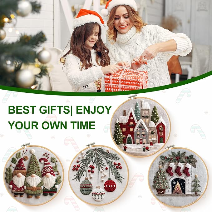 Santune Christmas Embroidery kit,Fall Needlepoint Cross Stitch Kits for Beginners Adult,Needle Point Sets,4 Embroidery,2 Hoops,Christmas Ornaments