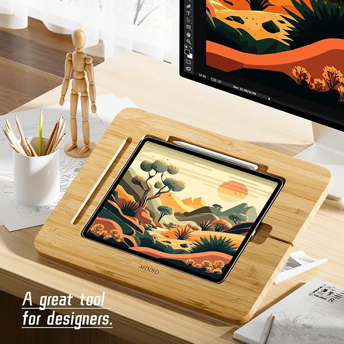 AFOOYO Bamboo Tablet Drawing Stand - Portable & Adjustable 5 Angles,Laptop Stands Riser, Book Reading Stand,Compatible with 9.7/10.2/10.5/10.9/11 inches
