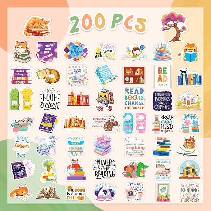 200PCS Book Stickers for Kids, Bookish Reading Decals Bulk Pack