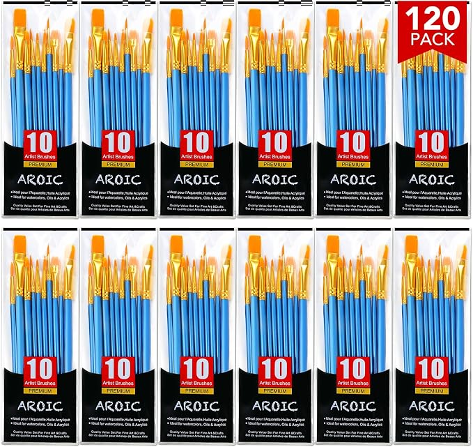 AROIC Acrylic Paint Brush Set, 12pack/120pcs Nylon Hair Paint Brushes | Oil Painting Rock Body Painting, Artist Amateur Craft Paint Brushes Supplies, Children Adult Painting Small Paint Brush Set