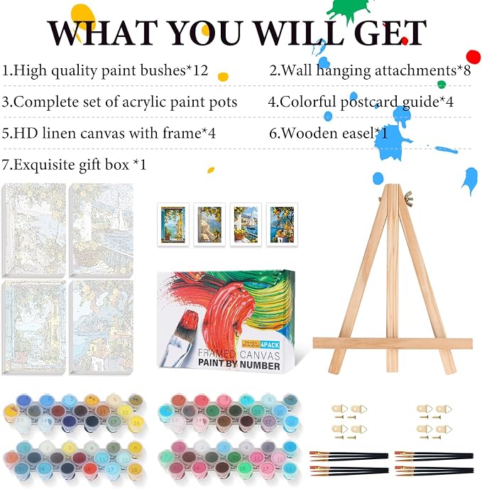 4 Pack Framed Paint by Numbers Kit for Adults Lemon Tree with Wooden Easel | With Frame Canvas 8x12 IN, For Adults Beginner, DIY Acrylic Painting Lemon, Stress Relief Craft Kits, Home Wall Decor Gift