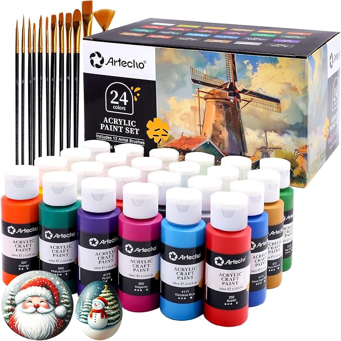 Artecho Acrylic Paint Set 24 Colors 2oz/59ml with 12 Brushes, Art Supplies | Permanent rich pigment non-toxic craft kit for canvas, fabric, rock, wood, ceramic, Great gift for adults & beginners