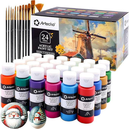 Artecho Acrylic Paint Set 24 Colors 2oz/59ml with 12 Brushes, Art Supplies | Permanent rich pigment non-toxic craft kit for canvas, fabric, rock, wood, ceramic, Great gift for adults & beginners