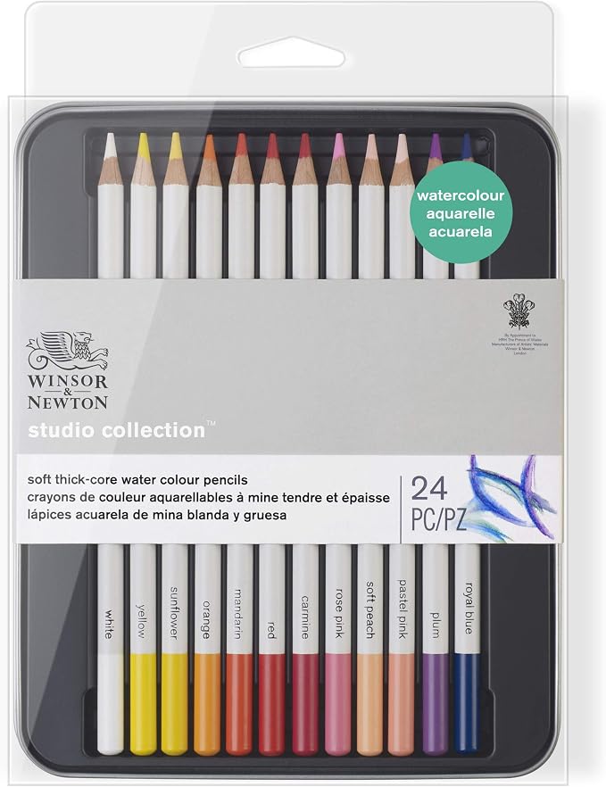 Winsor & Newton Studio Collection, Watercolor Pencils, Set of 24 | Highly pigmented, Wax-Based, Can be Used Wet/Dry, Add Water & Brush to Create Painterly Effects, Break-Resistant Points.