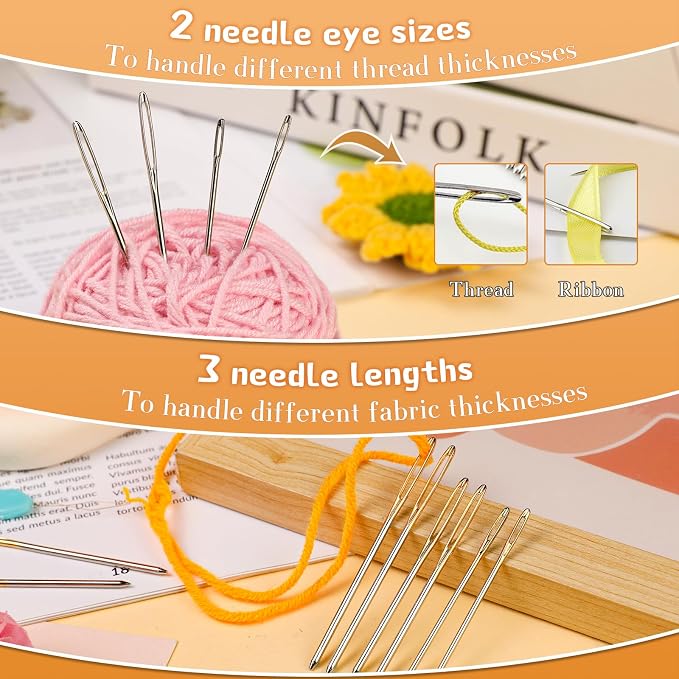 TLKKUE 12 Pcs/3 Sizes Large-Eye Blunt Needles, Steel Yarn Needle Silver | Tapestry Needle with Needle Threader for Sewing Crochet Knitting Embroidery (Silver 2.08in/2.36in/2.76in)