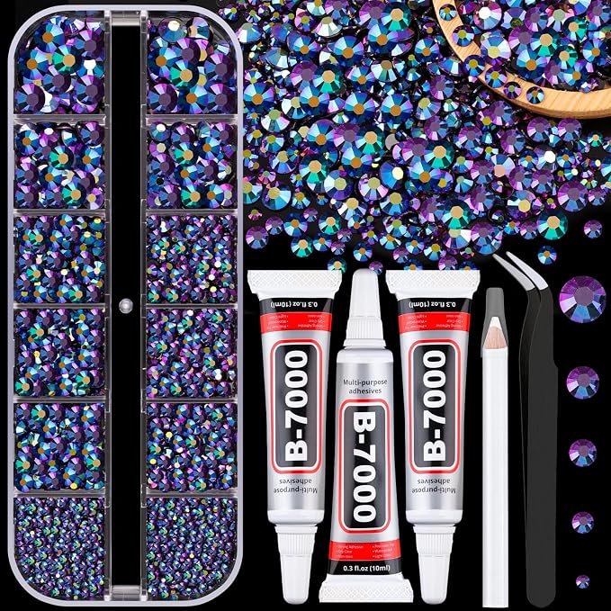 Resin Jelly Rhinestones for Crafting with B7000 Jewelry Glue, 1 Box Purplish Black AB Flatback Crystal with 3Pcs 10ml Glue, Bedazzling Non Hotfix Gems for DIY Tumblers Clothing Shoes Manicure