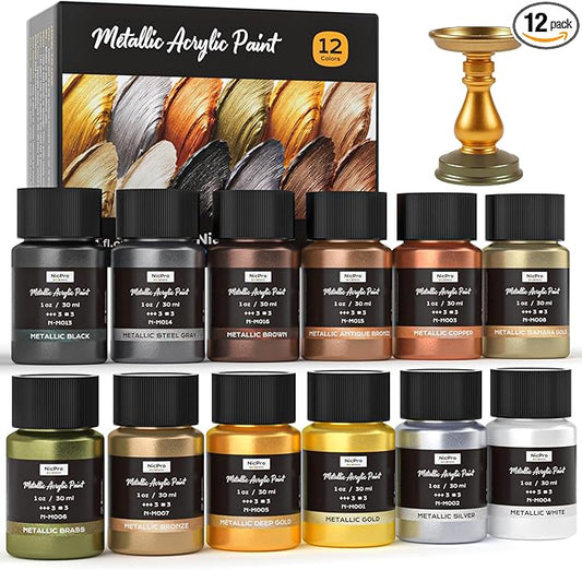 Nicpro 12 Colors Metallic Acrylic Paint Set, Gold Leaf Paint