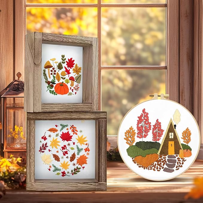 5 Sets Thanksgiving Fall Embroidery Kit for Beginners Adults Embroidery Starter Kit Mushroom Maple Leaf Cross Stitch Kits Embroiderys Needlepoint Kits Include Instruction 2 Hoops Color Threads Needles