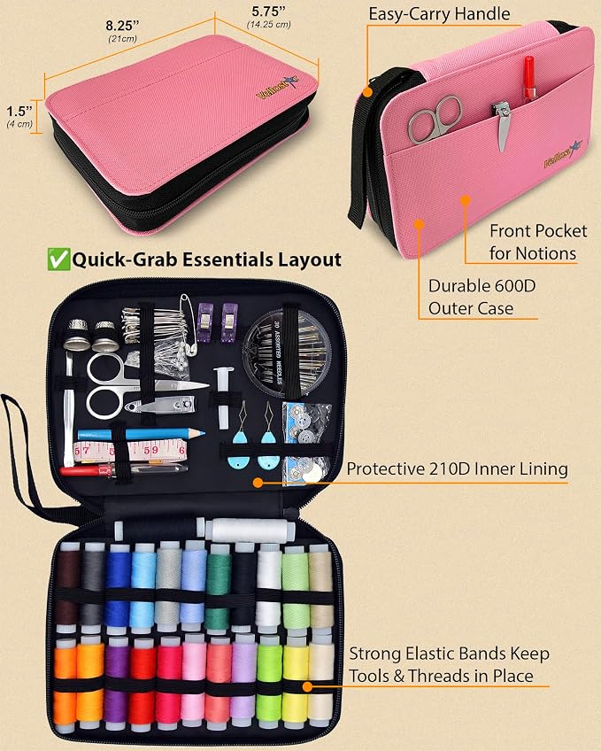 Vellostar Sewing Kit for Adults, Teens & Kids - 100-Piece Pink Beginner Set | Compact needle & thread kit for clothing repairs, ready for home, travel, emergencies, a practical gift for anyone who sews