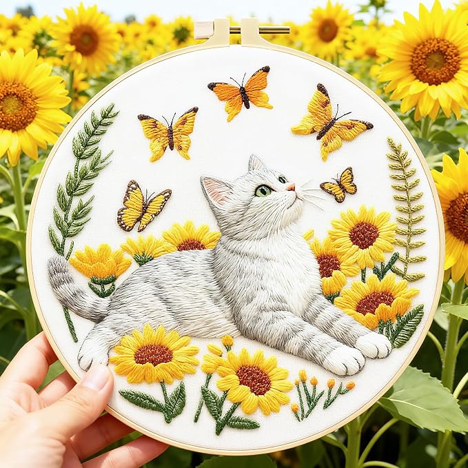 BEUNITONE 4 Set Embroidery Kit for Beginners, Cat and Butterfly Pre-Stamped Pattern Needlepoint Kits for Adults with Hoop and Instruction, Cute Hand Embroidery Patterns for Cloth and Home Decor