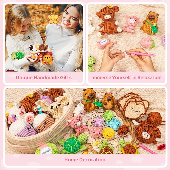 Mewaii Strawberry Cow Crochet Kit for Beginners, 40% Extra Yarn | Video Tutorial, Pre-Started Piece, Gift Box, Level 1 Starter Kit, Family Craft for Adults, Kids & Beginners