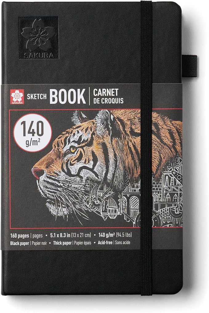 Sakura Sketchbook A5, 160 Pages, 5.1 x 8.3", Black Hardcover, Black Paper | Drawing Sketchbook for Visual Journaling & Illustration, 140 GSM Paper, Hardcover, Effortless Sketching