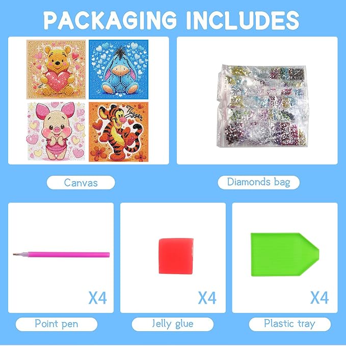 LWZAYS Diamond Painting Art Kit for Kids, Crafts for 4-8-12 Kids Gem Art | 4 Pack DIY Crafts 5D Diamond Art Kit for Kids, Full Round Drill Big Gem Art for Kid,Home Wall Decoration 6X6 inch