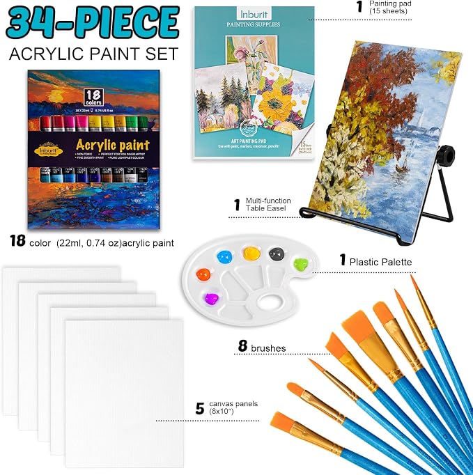 Inburit Acrylic Paint Set for Kids & Adults, Art Supplies Kit with Canvas