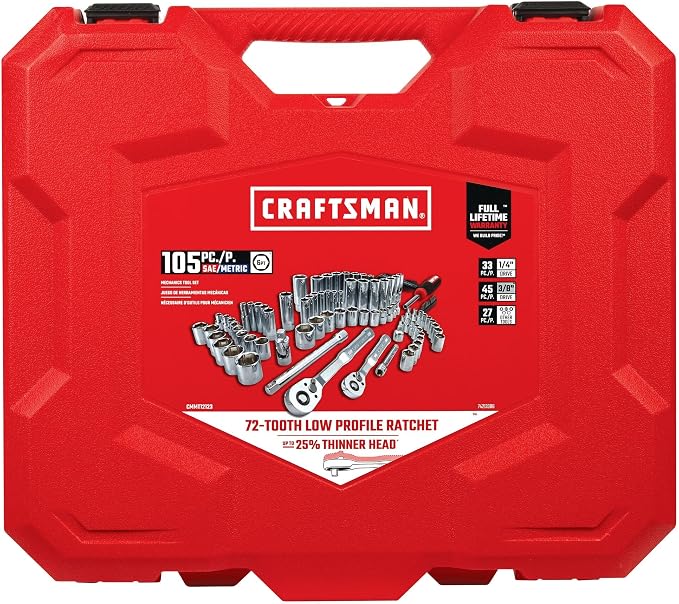CRAFTSMAN Mechanics Tool Set 105 Pcs, Standard (SAE) and Metric with Case , 1/4 and 3/8 Inch Drive Car Tool Kit( CMMT12123)