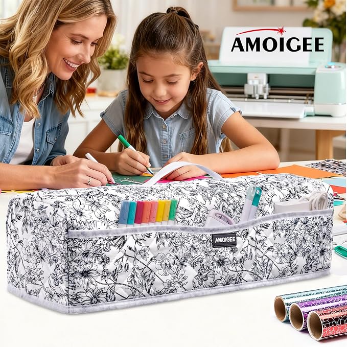 AMOIGEE Dust Cover for Cricuttt Maker 4 & Explore 4/3, Maker 3, Air 2, Quilted Protective Cover with Storage Pockets for Cutting Machine, Floral Fabric Anti-Dust Cover for Craft Machine Organizer