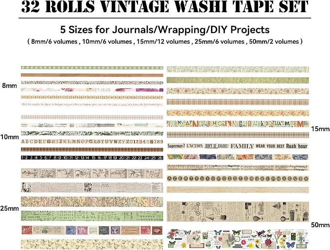 Vintage Washi Tape Set for Scrapbooking & Journaling - 32 Rolls Floral, Cute Decorative Tapes with Assorted Widths, Retro Aesthetic DIY Gift for Bible, Bullet, Junk Journal Supplies (Christmas Tape)