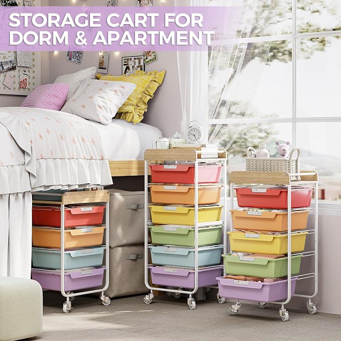 SYKIARIOL Utility Cart with 5 Labeling Drawers and Wooden Tabletop | Rolling Storage Cart for Crafters, Artists, Kids, Teachers, and Students – Organize Arts, Crafts, Sewing & Study Supplies
