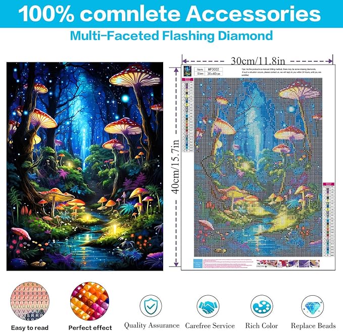Square Drill Diamond Painting Mushroom Diamond Art Square Drills 12x16inch | 5D Mushroom Square Diamond Painting Kits for Adults, Glow Forest Diamond Art Square Gems DIY Kits for Home Wall Decor Gifts