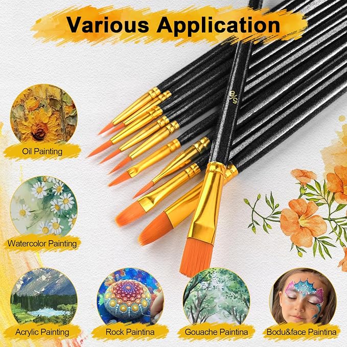 Acrylic Paint Brushes Set, 160Pcs Round Pointed Tip Artist Paintbrushes for Acrylic Painting Oil Watercolor Canvas Boards Rock Body Face Nail Art, Halloween Pumpkin Ceramic Crafts Supplies，Black