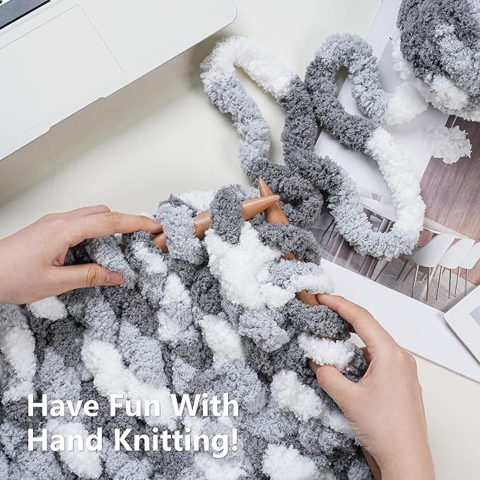 Cozyful Chunky Yarn for Hand Knitting - #10 Chunky Chenille Blanket Yarn, Jumbo Big Thick Chunky Yarns for Crocheting, Tie Dye Bulky Knit Yarns, 8 Skein (20 yds 8 oz Each Skein), Multi Grey&White